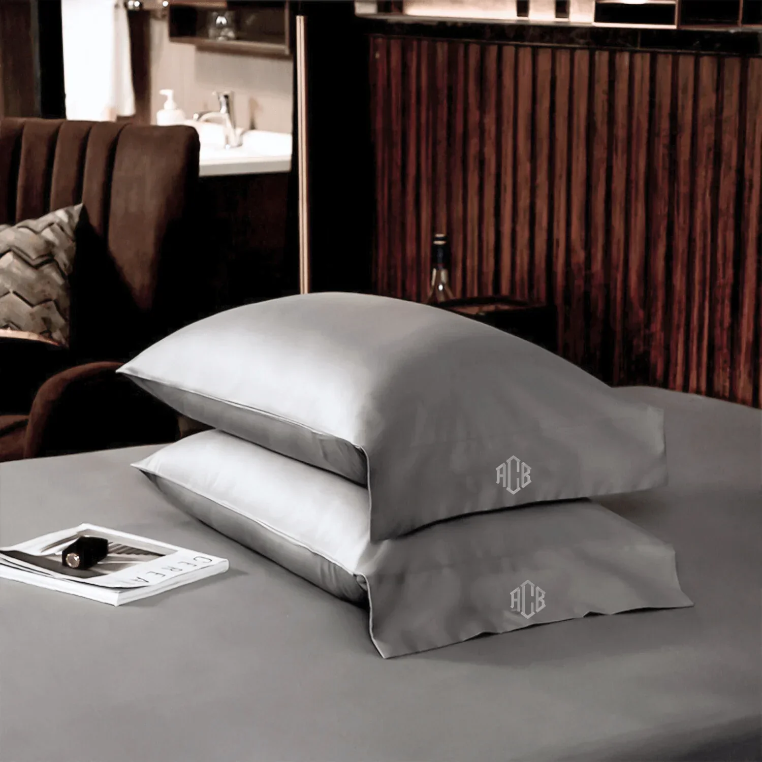 Egyptian Cotton Duvet Cover + 2 Monogram Pillowcases (Silver) - Châteaux IX - Image 5
